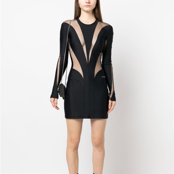 mugler dress sheer Vintage 1998 Thierry Mugler Documented Runway Sheer Black Silk Asymmetric  High-Slit Gown